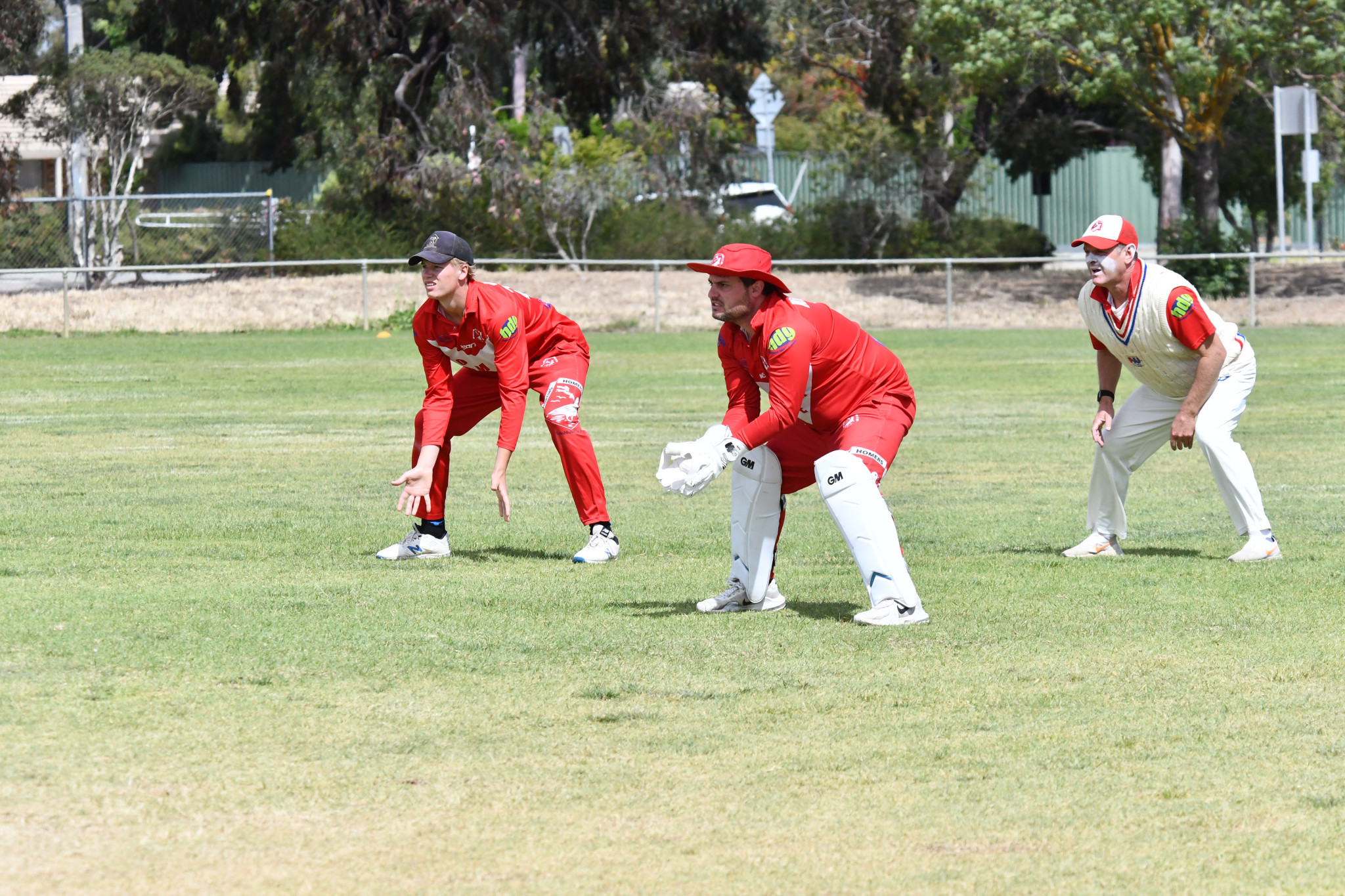 Homers' Adam Atwood wicket-keeping with Patrick Mills to his left in third slip and Chris Hopper at first slip. PHOTO: TONY TOMLINS