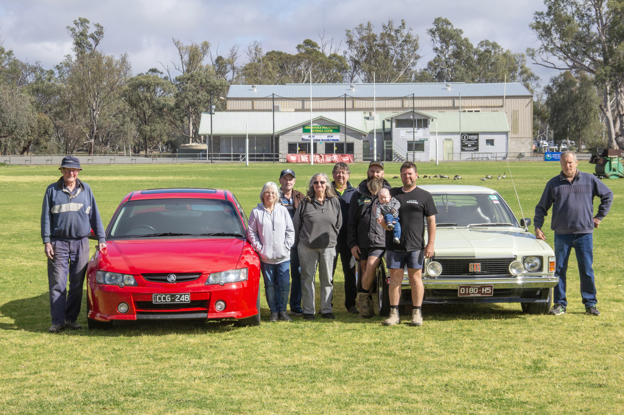 Standing with two classic cars – a 2003 VY Commodore SS and 1976 HJ Monaro GTS – that will be appearing with about 40 others at the Dimboola Show are members of the P&A Society – (from left) treasurer, Ian Bridgewater; assistant secretary, Shirl King; committee member, Peter Eldridge; committee member, Karen Unger; Monaro owner, Robin Launer; vice-president, Stuart Walker; Commodore owner, Mark Launer (holding son, Archie); and president, Harvey McKinnon. With Saturday’s weather promising to be sunny and mild, the members are keen for all to come and enjoy everything on offer.