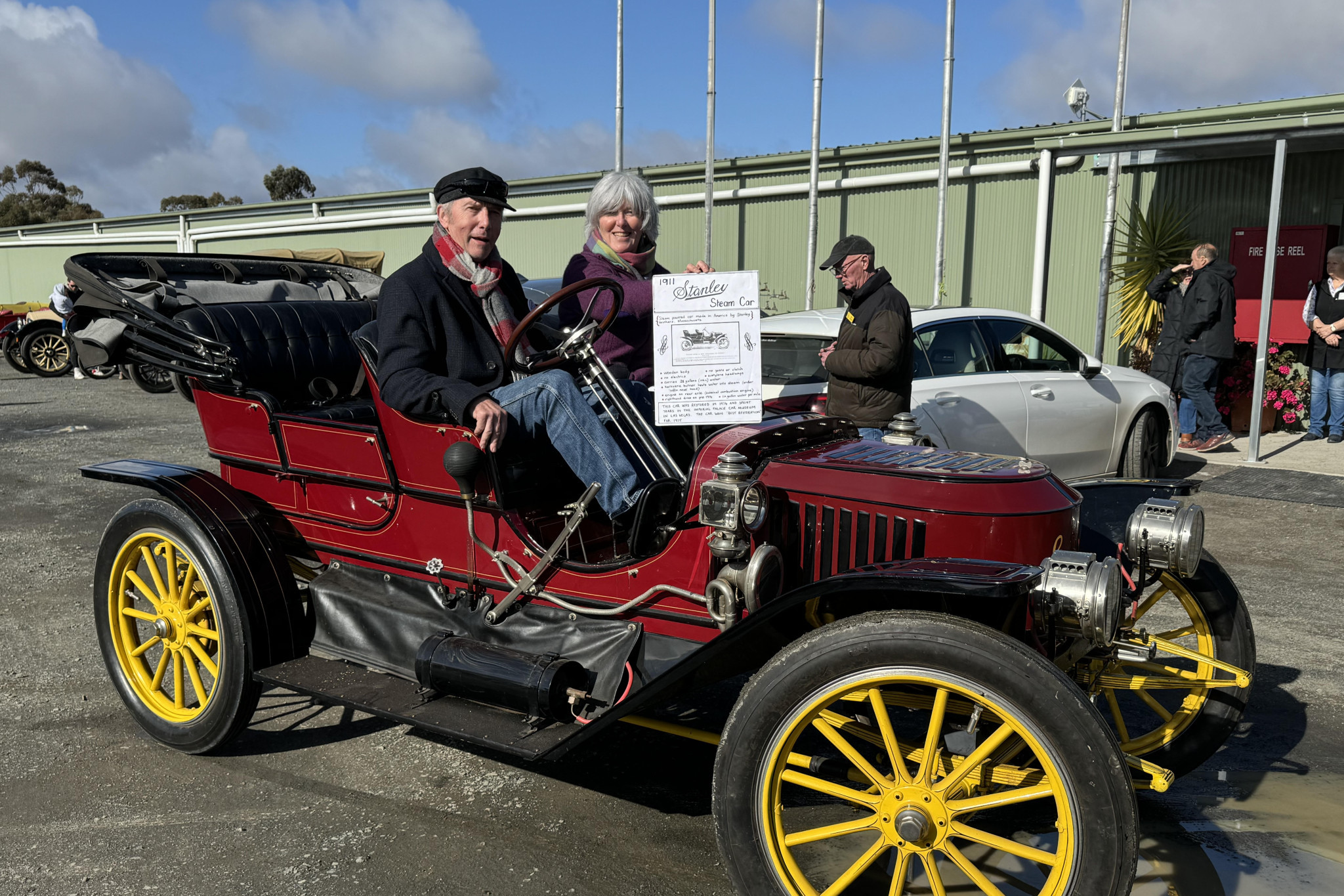 Tina and Martin Smallman from Highton show off their 1911 Stanley Steam Car, made in America by Stanley Brothers, Massachusetts.