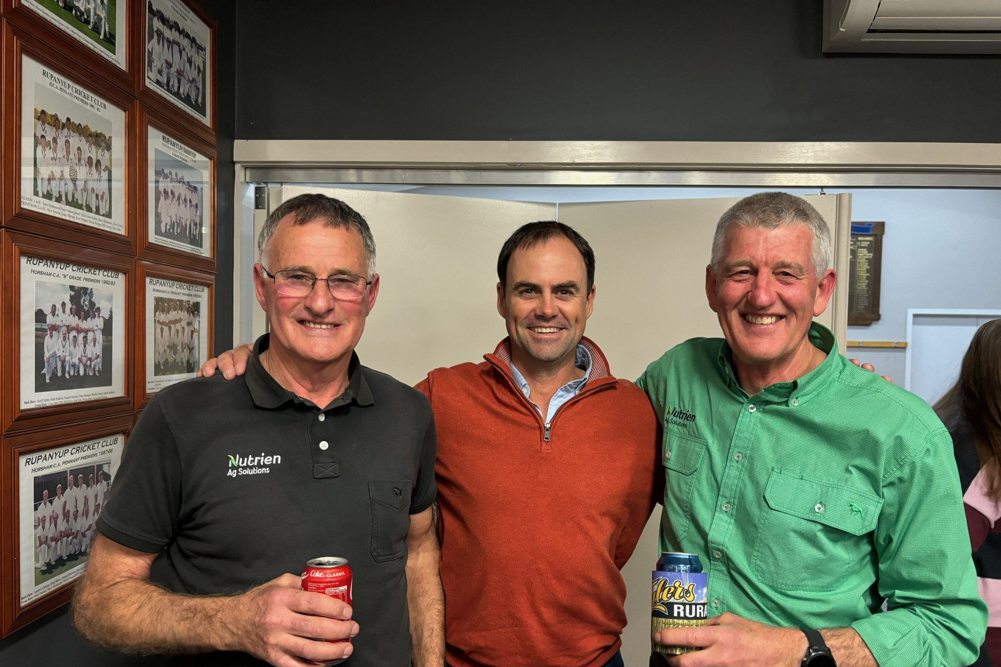 Adrian Tyler, Josh Rasheed from Naracoorte Seeds and Kelvin Tyler at the surprise farewell dinner.