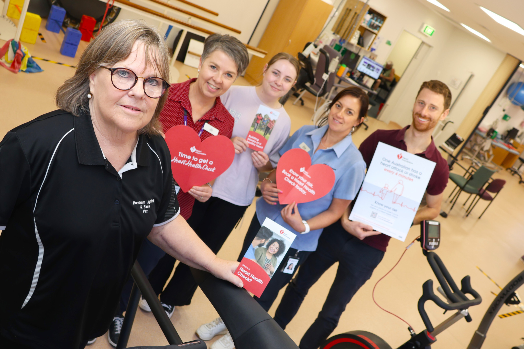 Pat Kennett walks the treadmill under the watchful eye of Grampians Health cardiac rehab nurse Jo Carroll, AHA student Kayla Jewson, allied health assistant Erin Slater and exercise physiologist Liam Atkins.