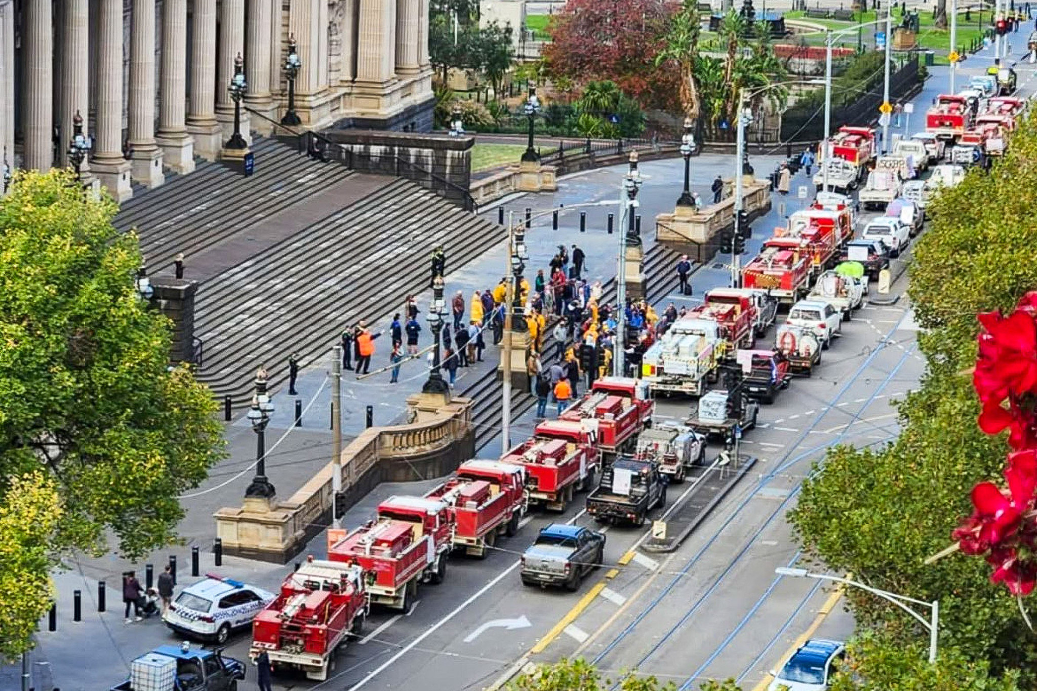 CFA trucks assembled at the steps of parliament at a recent protest of the new Emergency Services and Volunteer Levy.