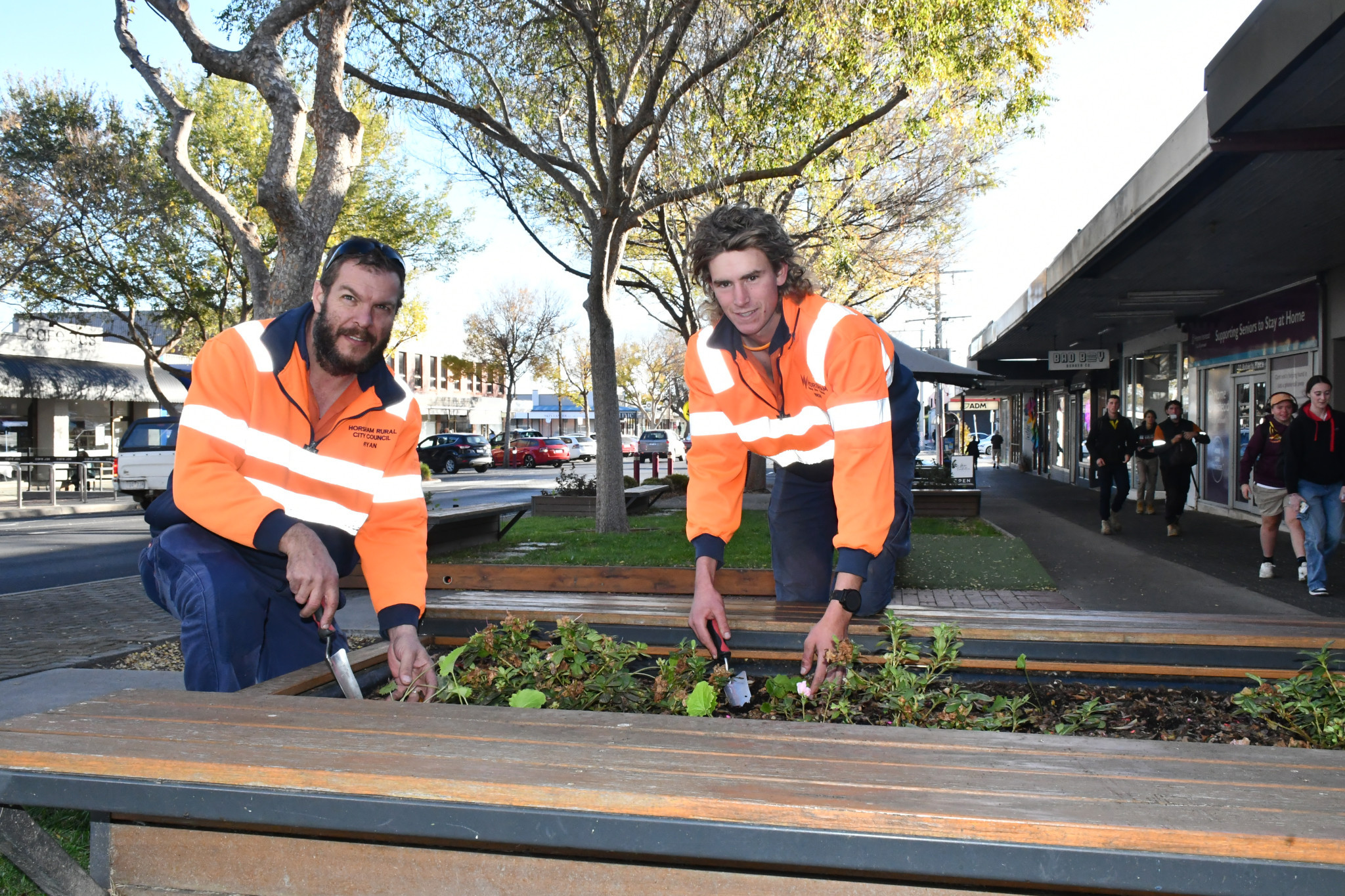 HRCC team leader of streetscape and botanics, Ryan Johnstone, and his team member, Ben Williamson, recently rejuvenated garden beds at Roberts Avenue. Photo: TAYYAAB MASROOR