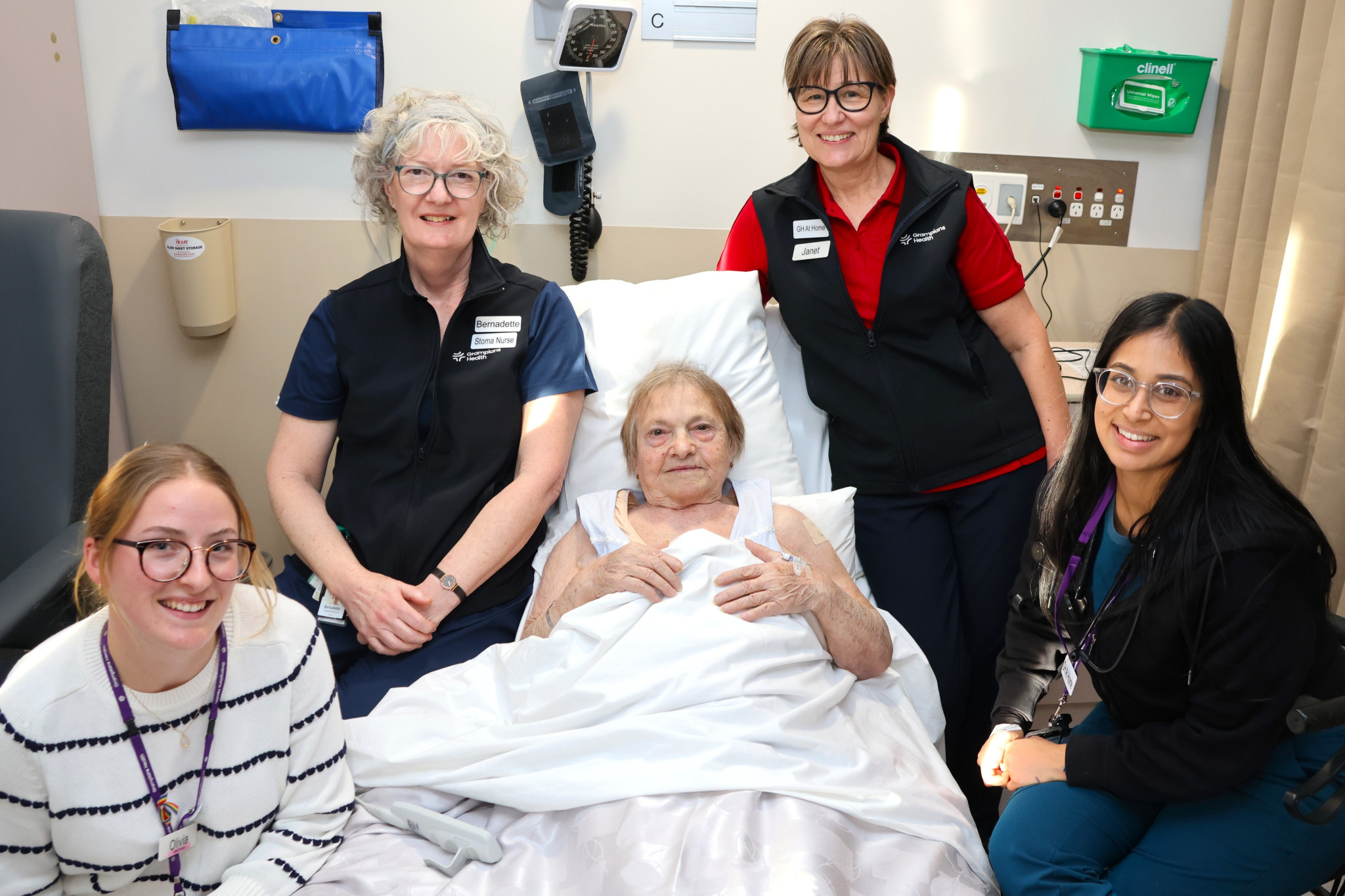 Patient Ida with her support specialists: dietitian Olivia Dunstan, stomal therapy nurse Bernadette Beahan, GH at Home nurse Janet Johnson and GH at Home GP Dr Shyann Kumar. Photo: GRAMPIANS HEALTH