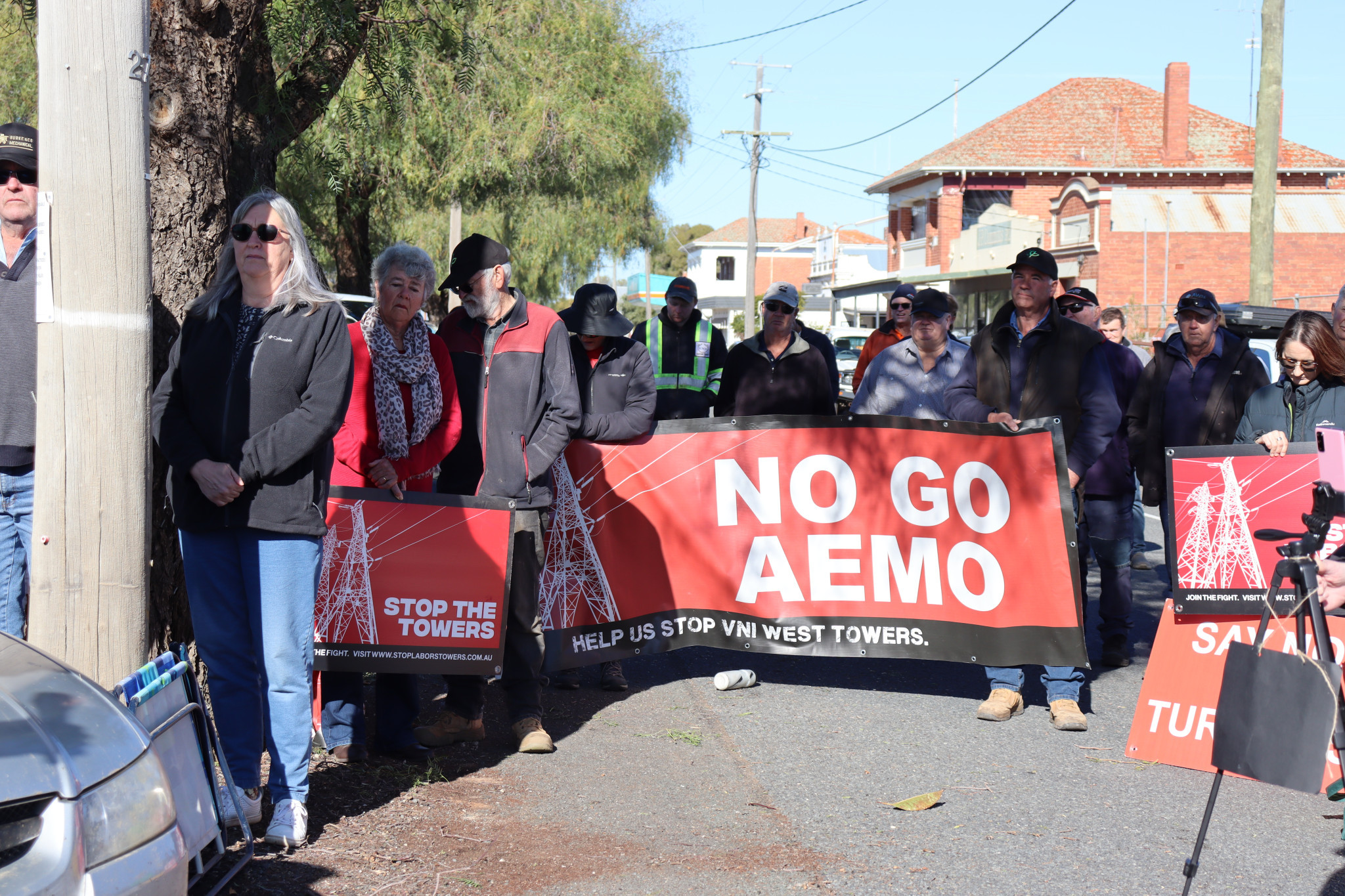 No Go AEMO signs at Wycheproof meeting, but a no show by the Vic Grid Representatives frustrated landowners. Photo: SHERYL LOWE