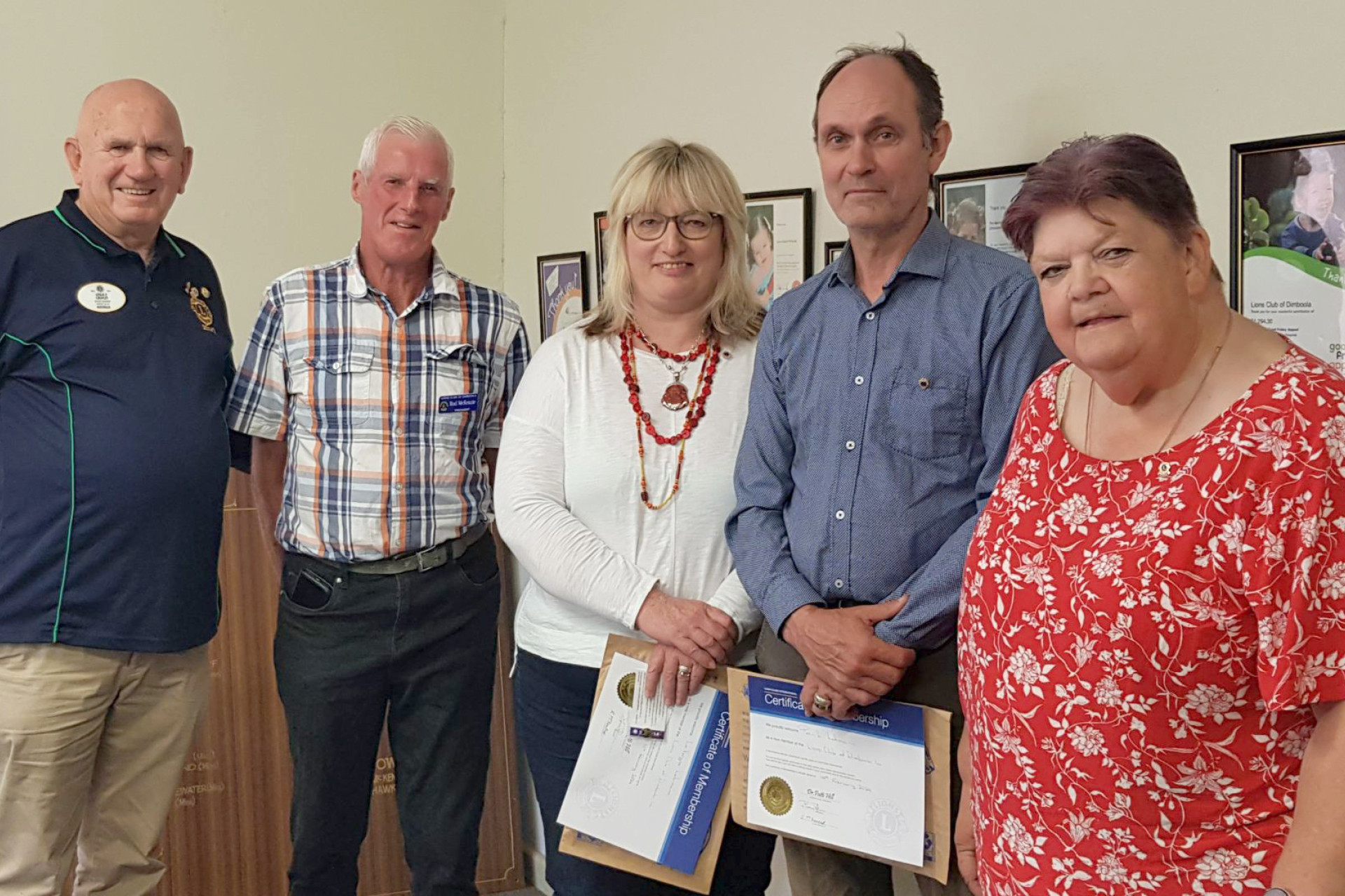 District Governor Les Cropely, Lions Club president Rod McKenzie, new members La Vergne and Paul Lehmann and Lions Club secretary Jan John. PHOTO - Supplied