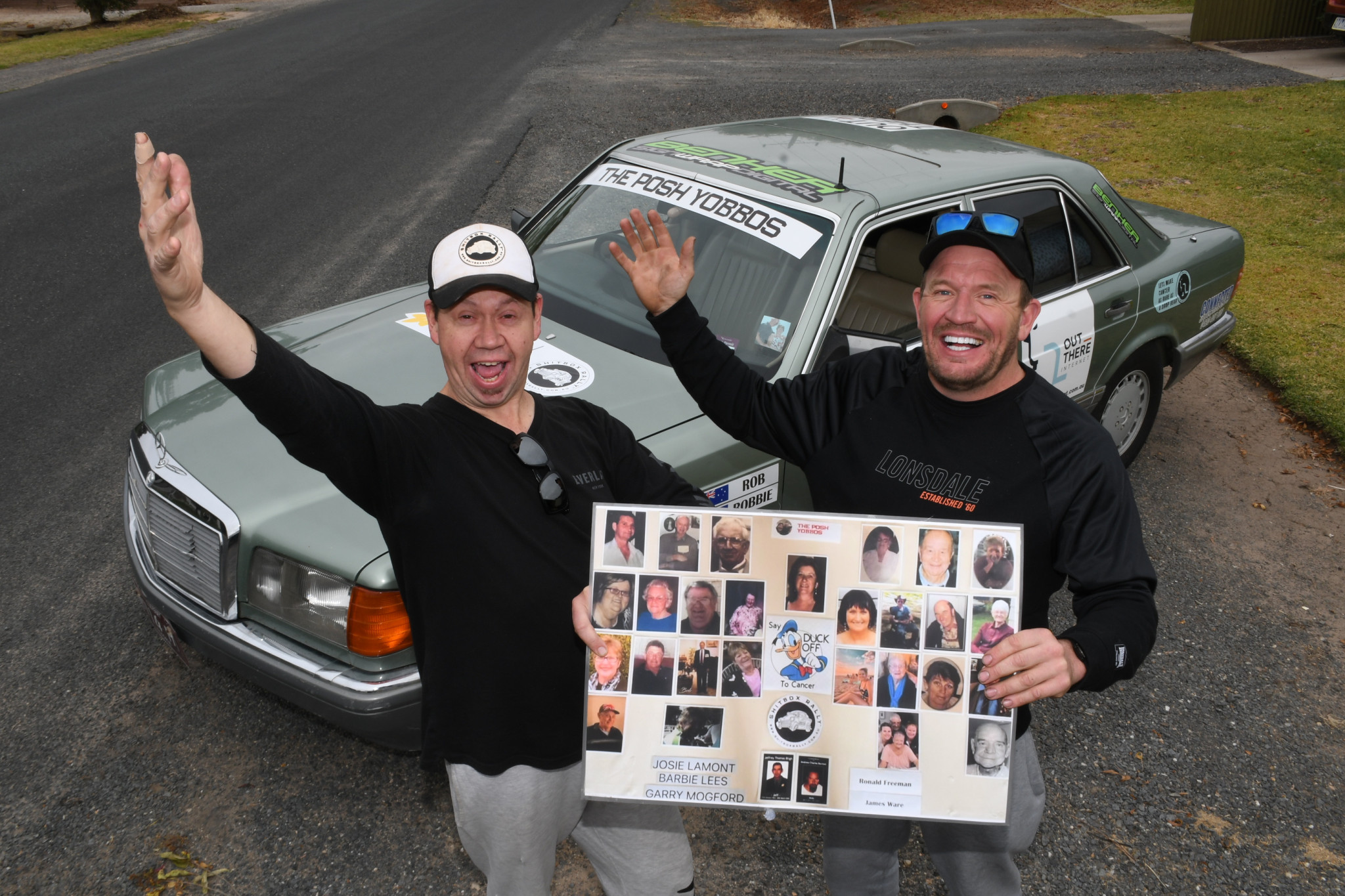 READY TO ROLL: Robbie Charles and Matthew Hoiles called in to see Robbie’s father in law, David Edwards in Warracknabeal on Friday on the way to the start of the rally in Adelaide.