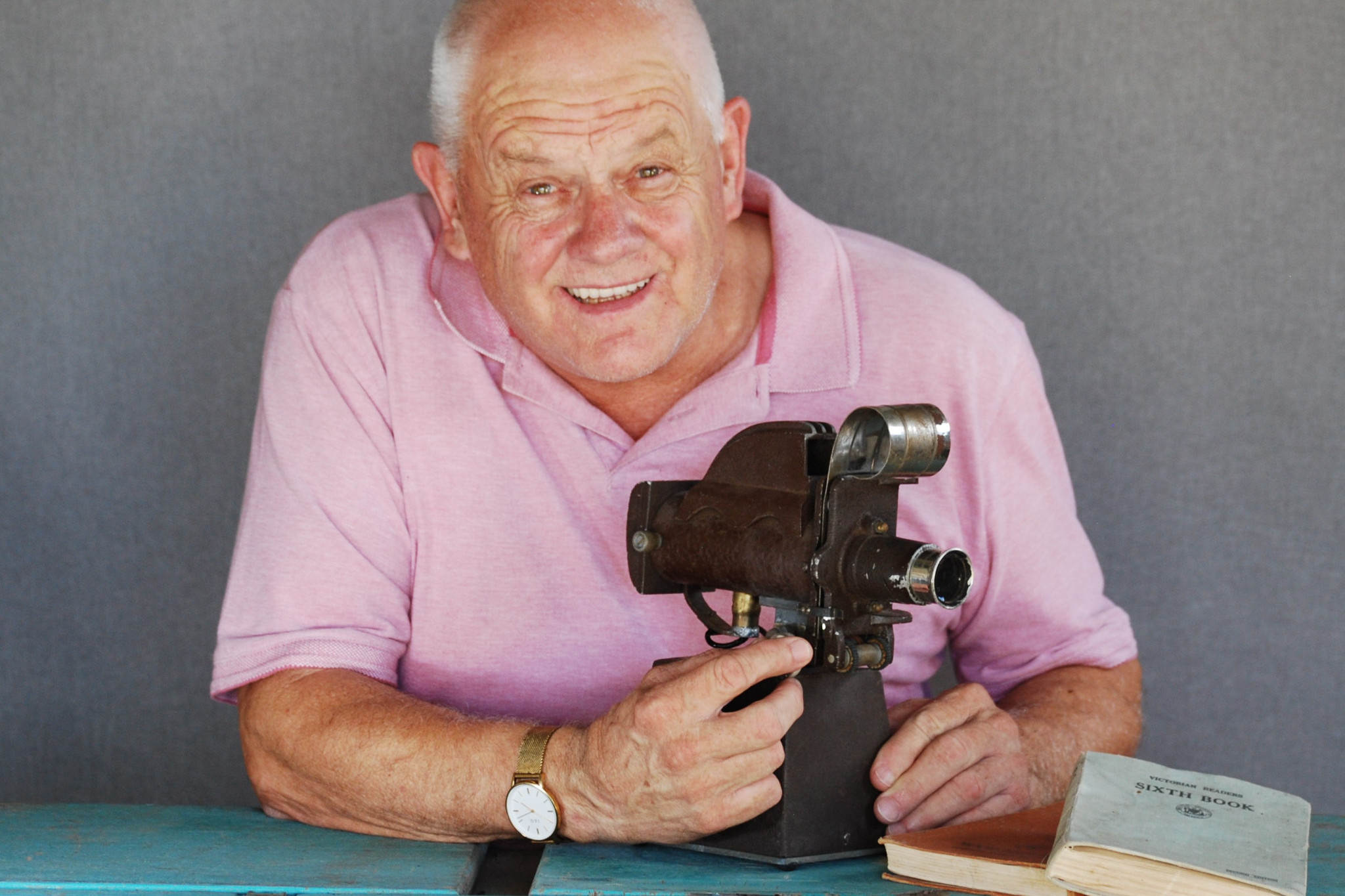 Sheep Hills Reunion committee member and former Sheep Hills state school student Barry Wright reacquaints himself with a piece of history from his school days - a 35mm film strip projector.