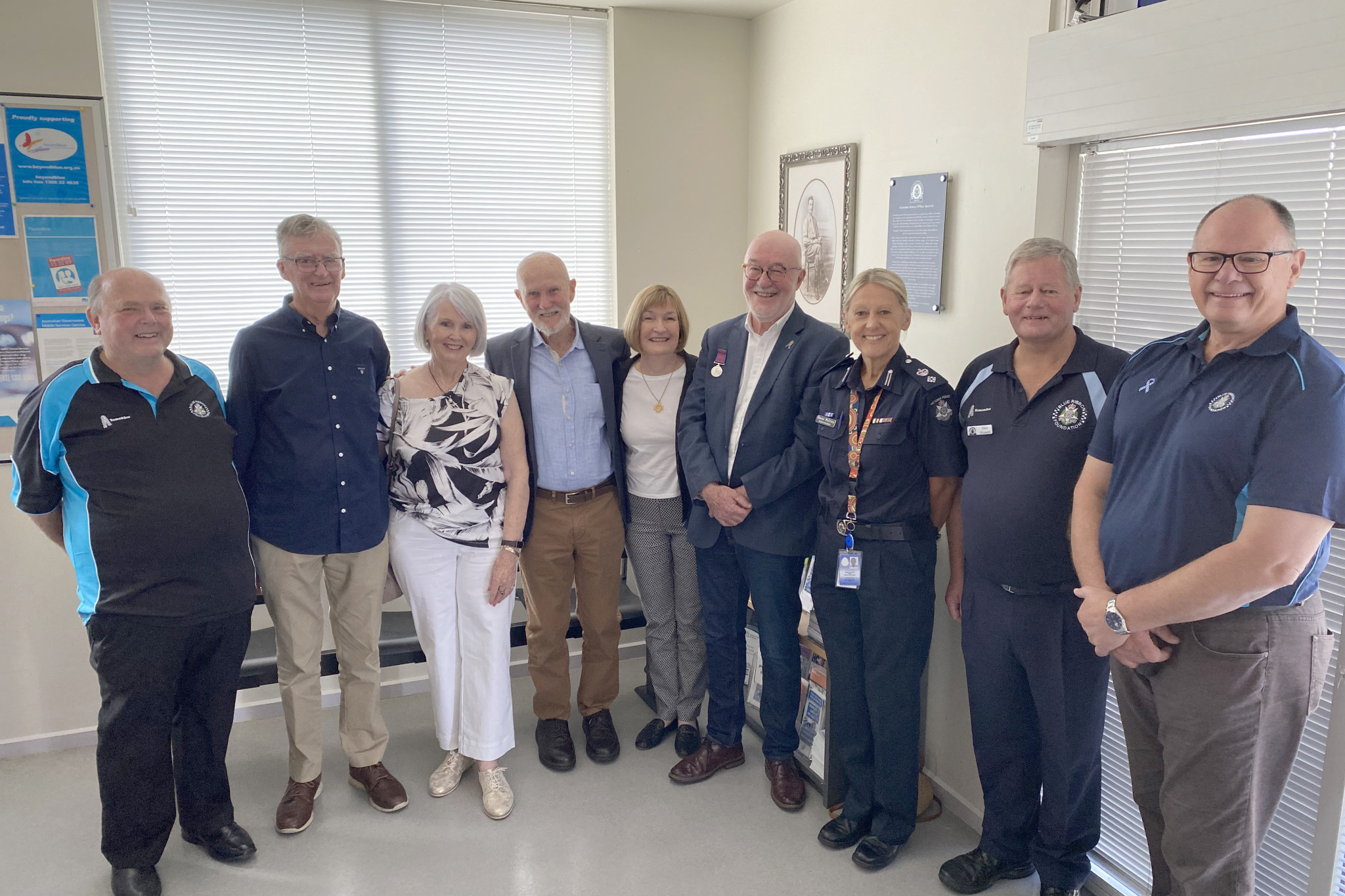 Blue Ribbon Foundation member John Barber, left, with O'Neill family members Graham Newcombe, Kay Newcombe, David Burgess, Mary Anne Burgess and Ward O’Neill; Police Superintendent Sharon McRory and Blue Ribbon Foundation members Dale Russell and Horsham branch president Paul Margetts at Nhill Police Station.