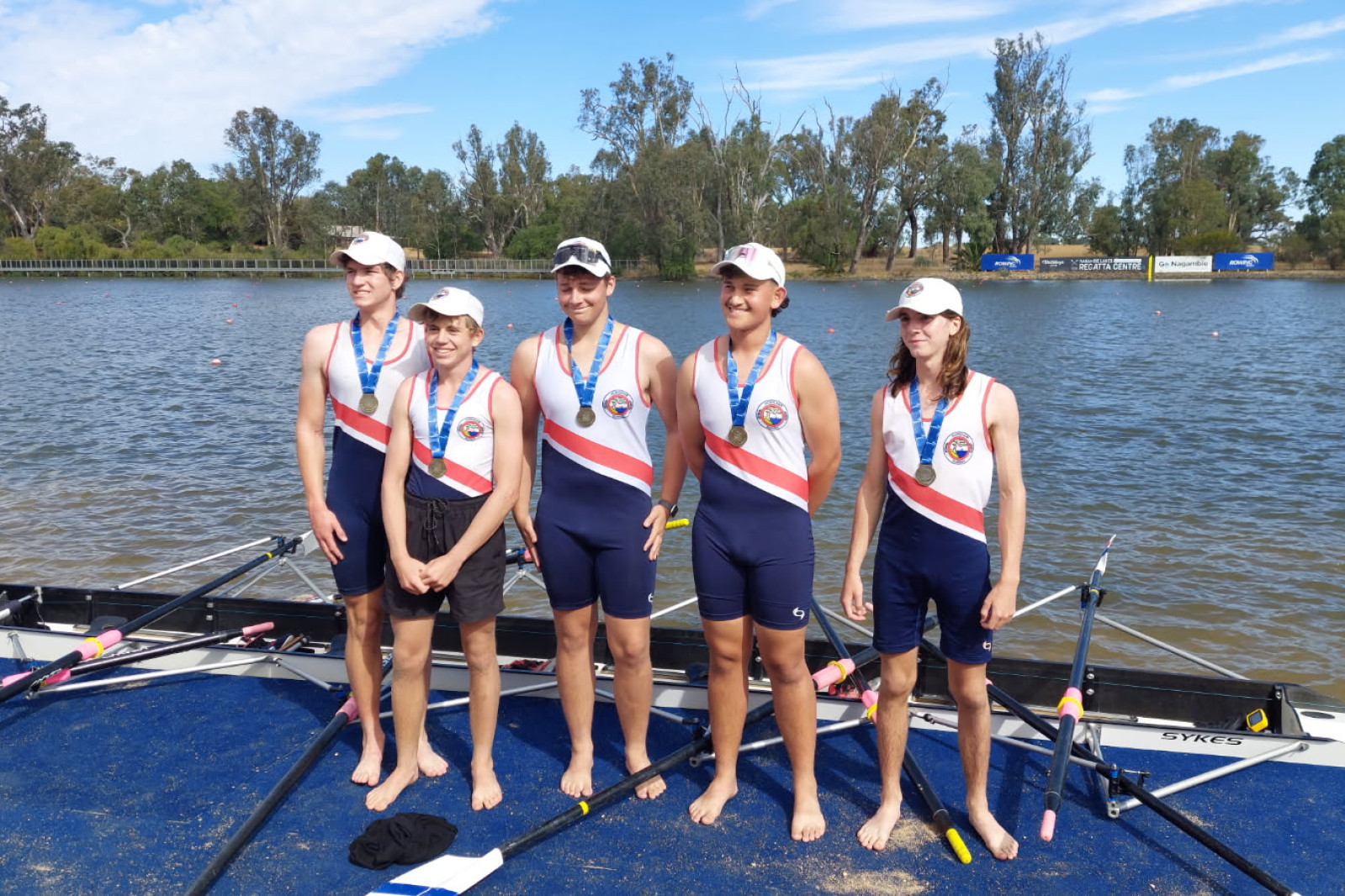 The winning Coxed Quad team L-R: Jeremy Matheson, Lachlan Lindorff, Christian Ebersohn, Nirva Suwal, Joseph Shepherd.