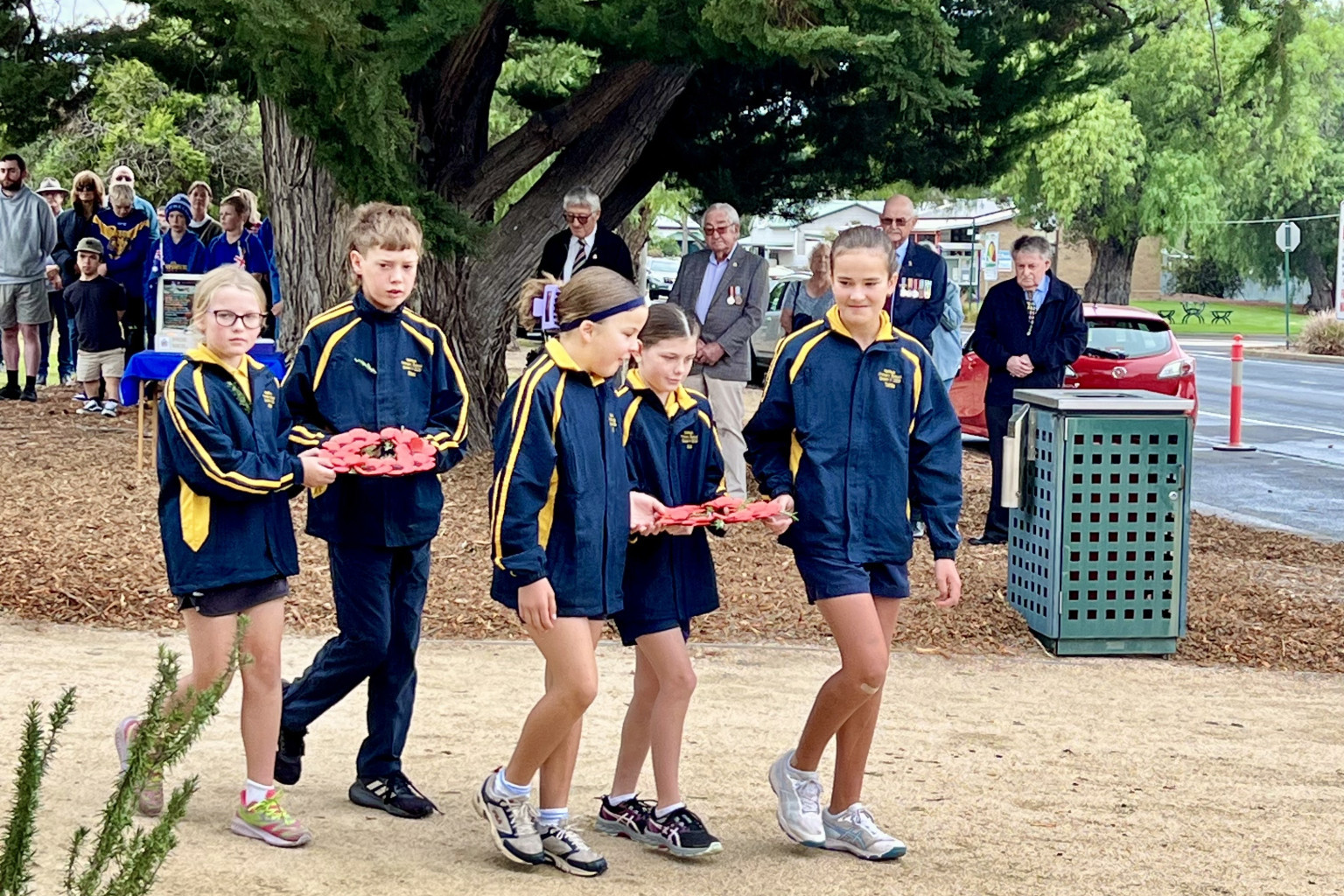 Natimuk Primary School students laid a wreath at the Natimuk Cenotaph during the ANZAC Day ceremony on Friday. Photo: TAYYAAB MASROOR