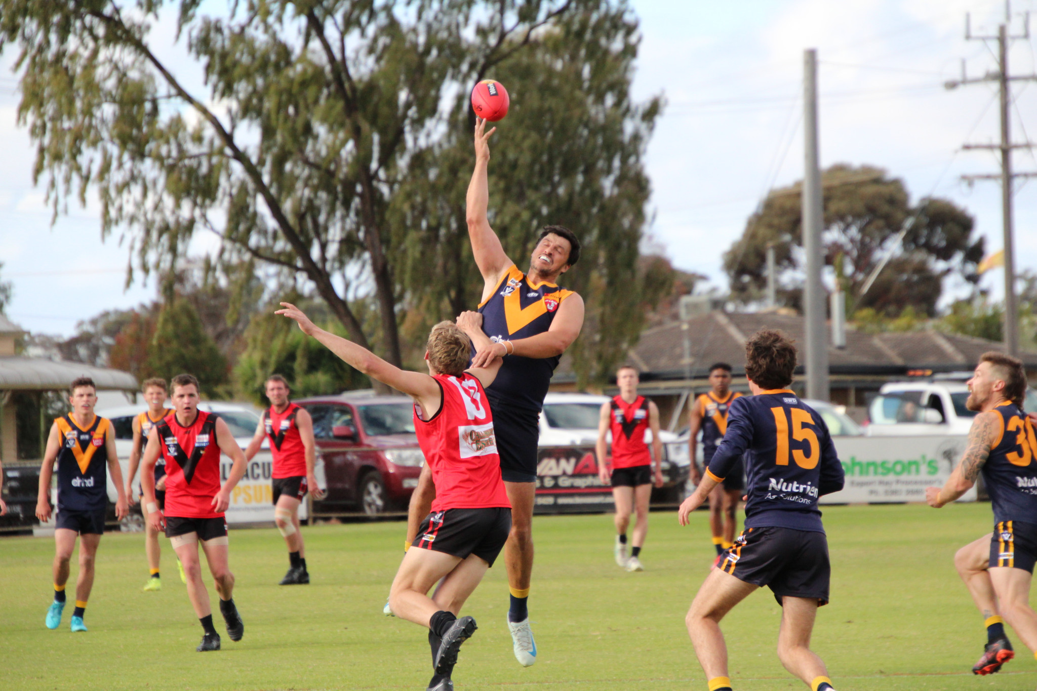 Ryan Schneider wins the tapout for Nhill on Saturday against his opposition from Stawell.