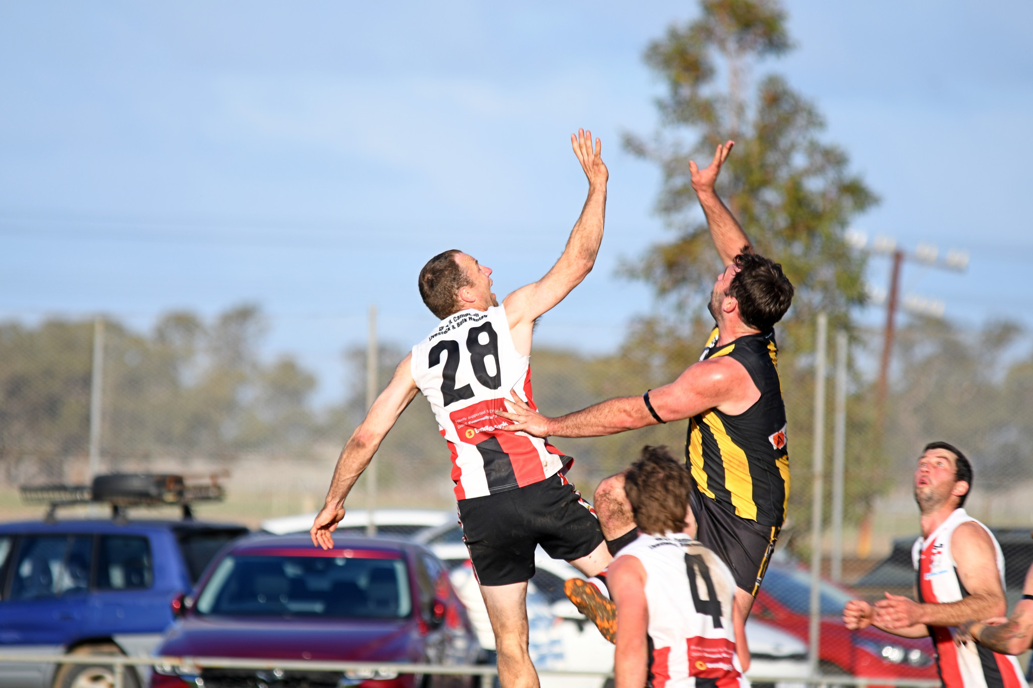 Edenhope-Apsley captain Jeremy Kealy (left) and Pimpinio's Matt Healy battle in the ruck during the Tigers' 69 point victory.