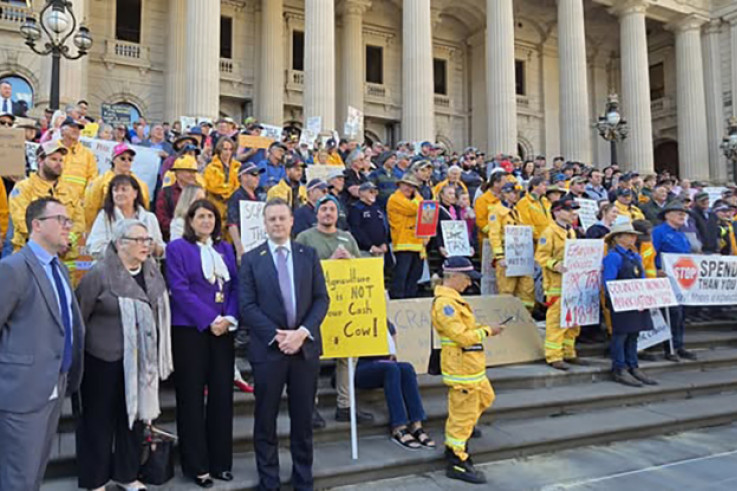 Angry Victorian rally on the steps of Parliament House on Tuesday, May 20 against the new emergency services levy.