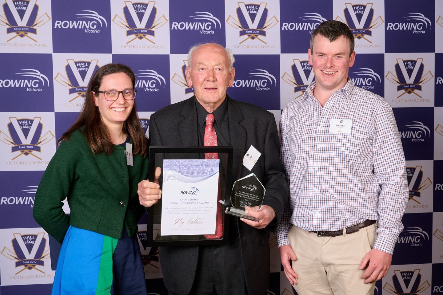 Ray White, with his award, alongside Horsham Rowing Club rowers Audrey Kottek (left) and Dan Hendrie.