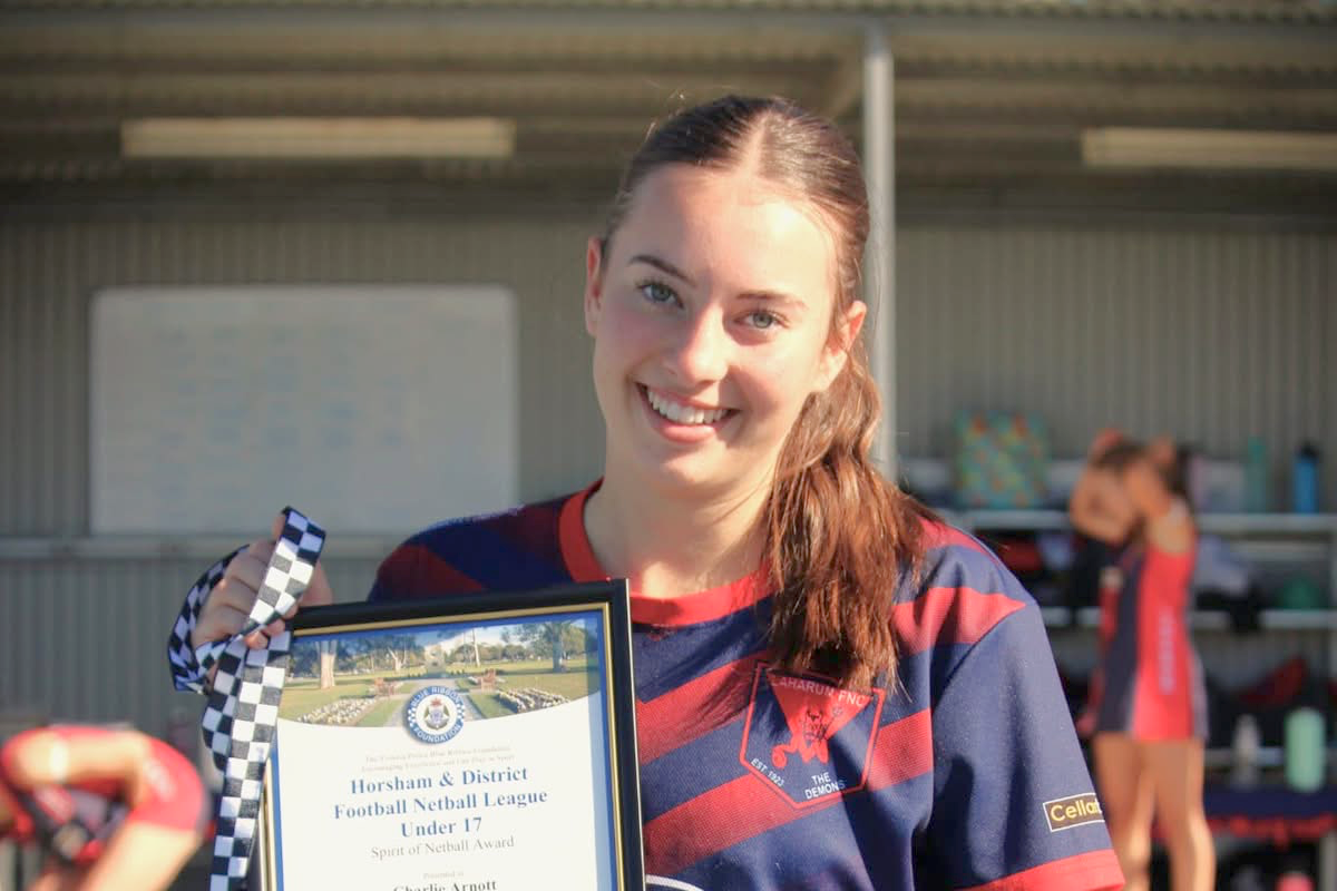 Charlie Arnott was the round four winner of the Horsham and District Football Netball League Blue Ribbon Foundation Spirit of Netball award. She plays for Laharum in the 17 and Under competition.