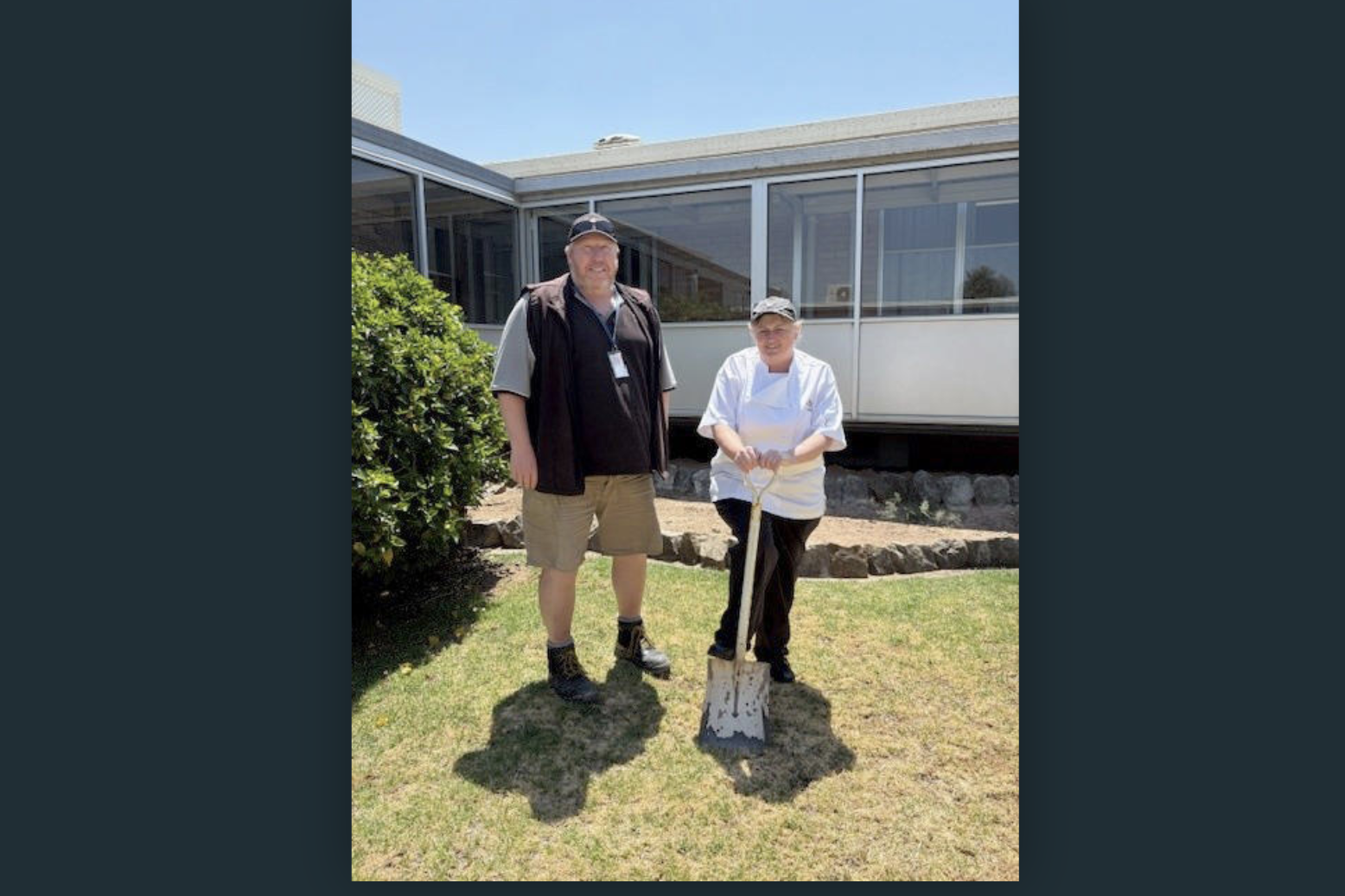 WWHS’ stores manager Luke Oldaker and chef in charge Ann-Marie Fischer turn the first sod to mark the commencement of construction.