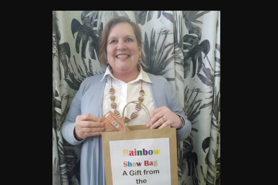 Pam Clugston showing off the showbag.