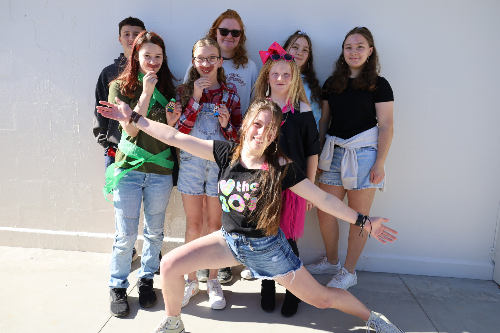 Rainbow P-12 College senior students, Levi, Maddi, Kayla, Lily, Annika (front), Adalyn, Giaan and Amaya celebrated 80s casual day along with other schoolmates on Thursday, November 20. Photo: LES GRAETZ