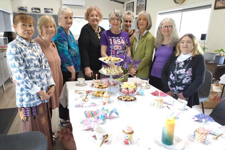 Celebrating 70th birthdays in style are Leela Symes, Dianne Krelle, Margaret Raymer, Geraldine Drum, organiser Shirley McMartin, Wendy Kroker, Lyn McIntyre, Jill Jarred and Barb Barnett. Photo: FAYE SMITH