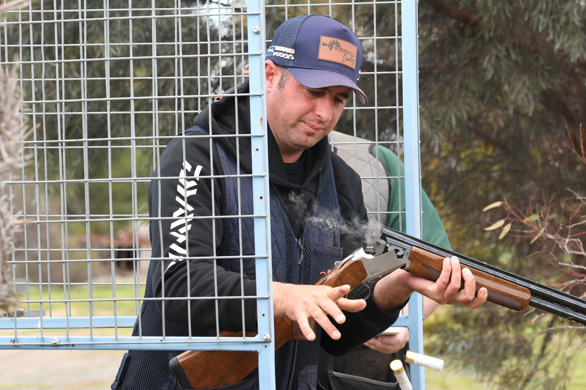 Smokin' barrels, Tony Tartaglia from Natimuk Field and Game prepares to reload on stand one at the Minyip Field anniversary shoot on Sunday. PHOTO: DAVID WARD