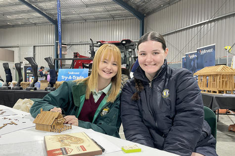 Sophie Langlands from St Brigid's College Horsham and Julia Hastings from Horsham College, both in Year 10, found themselves building a wooden house in the Alan Heard Pavilion.