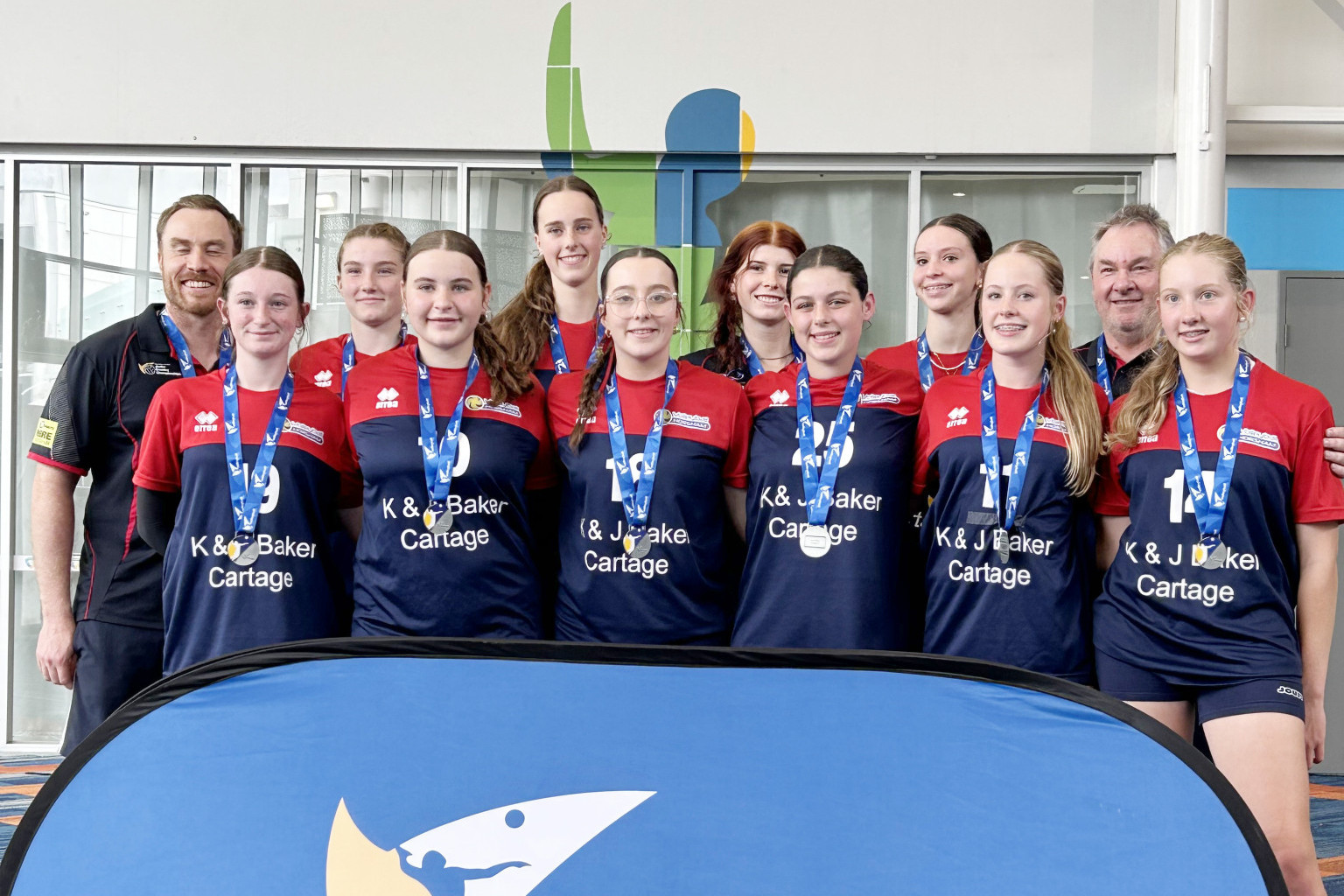 Volleyball Horsham's under-16 silver medal team: L-R: Matt McLoughlin (coach), Molly Gawith, Kirrily Dandy, Amelia Van Buuren, Hannah Gabbe, Myah Meadows, Breanna Hawken (team manager), Serena Johns, Ilze Van Zyl, Bonnie Grieger, David Berry, Victoria Brown.