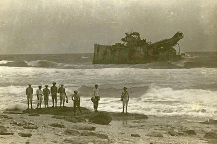 The wreck of SMS Emden was photographed at North Keeling Island after its destruction by HMAS Sydney in 1914.