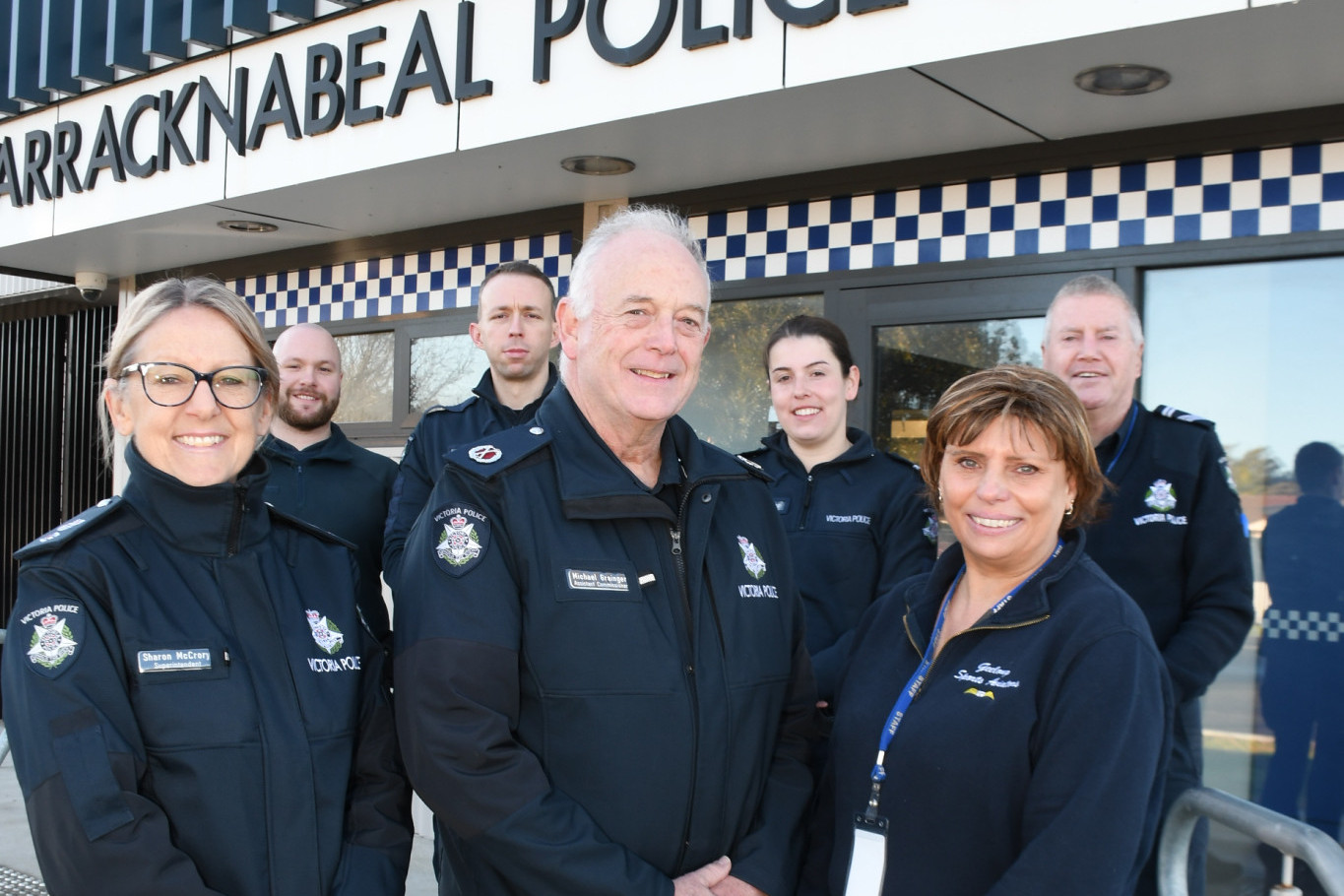 Western Region Assistant Commissioner of Victoria Police Mick Granger (middle) with Superintendent Sharon McCrory (front left) and Warracknabeal Police officers. Pictured is Sergeant Kylie Newell (front right), (back from left) Constable Max Richards, First Constable Nathan Martin, First Constable Tia Cumming and Leading Senior Constable Peter Taylor. Photo: DAVID WARD