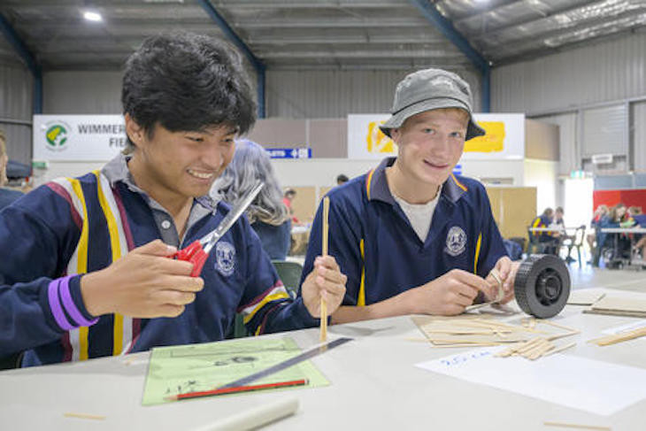 Clarence Alaon and Hayden Bolack from Warracknabeal Secondary College doing the wind turbine challenge. Photo: ROBIN WEBB