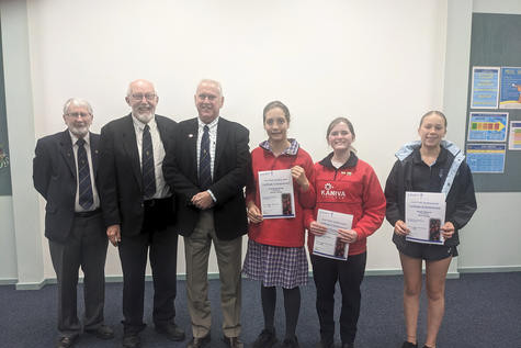 Wimmera Legatee members Neil Popple, Neville Smith and Phil Nicks with Evie Hendy, Rebecca Hobbs and Saskia Albrecht.