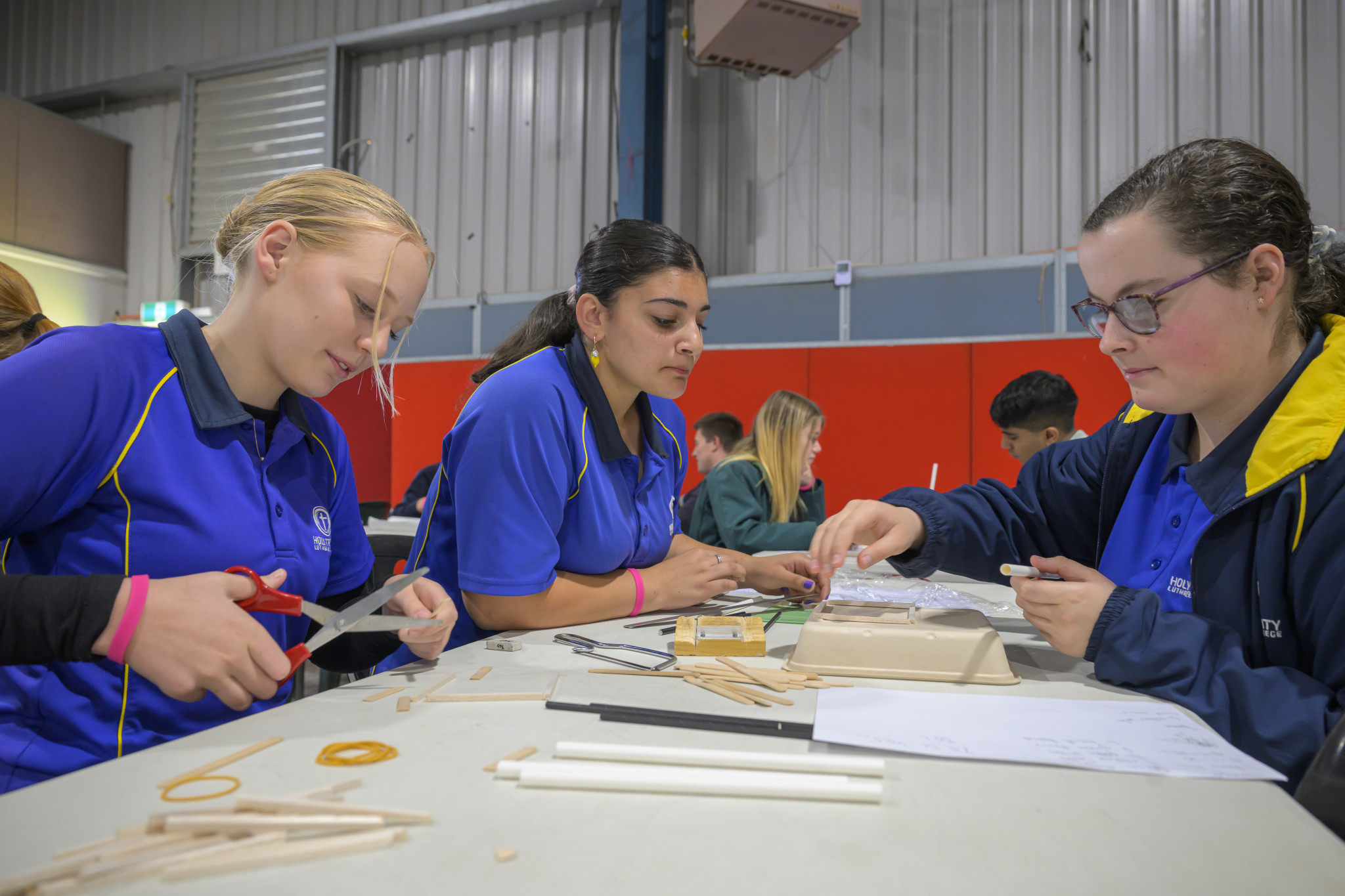 Hannah Polack, Annabelle McKenzie-Packham, and Georgie Schilling from Holy Trinity College Horsham are doing the Eco-Habitech challenge. Phot: ROBIN WEBB