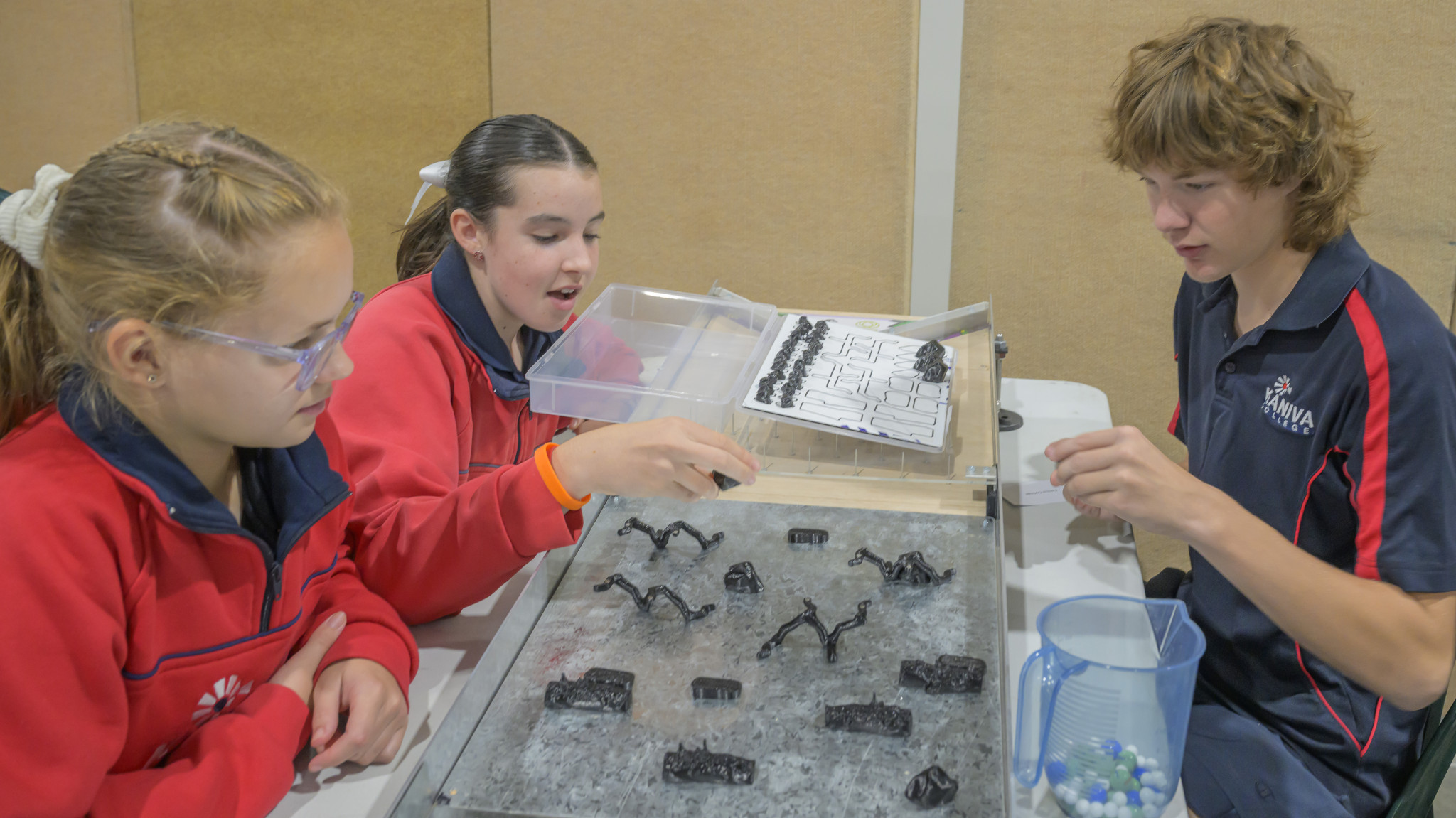 Kaniva Students, Mikayla Hall, Matilda Tink and Nicholas Verrall during the Fish Trap Challenge.