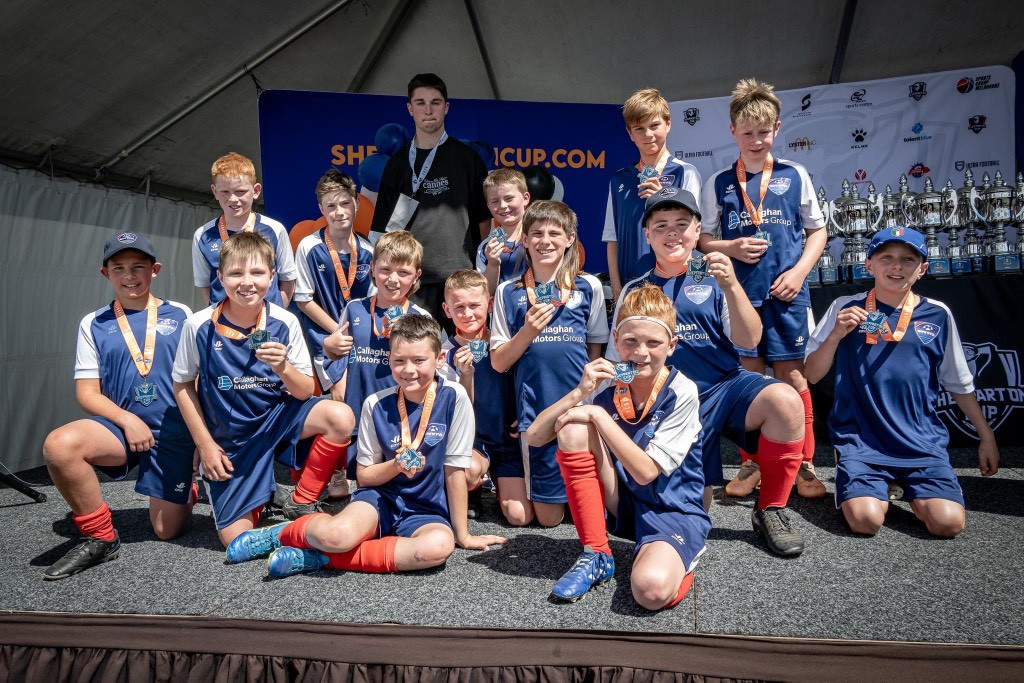 U11 Liga Plate Grand Finalist Runners Up Front: Declan Membery, James Nankivell. Second: Dexter Coburn, Ray Oakley, Zach Francis, Harry Sabo, Braxton Young, Archie Coxon, Lachlan Sweeney. Back: Oliver Harris, Steff Van Den Heuvel, Benjy Hawkins (coach), Logan Membery, Finn Dwyer, Sam Turner. PHOTO: SUPPLIED