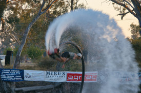 Flyboard pilot Connor Rodgers during his somersault. Photo: Alison Ey.